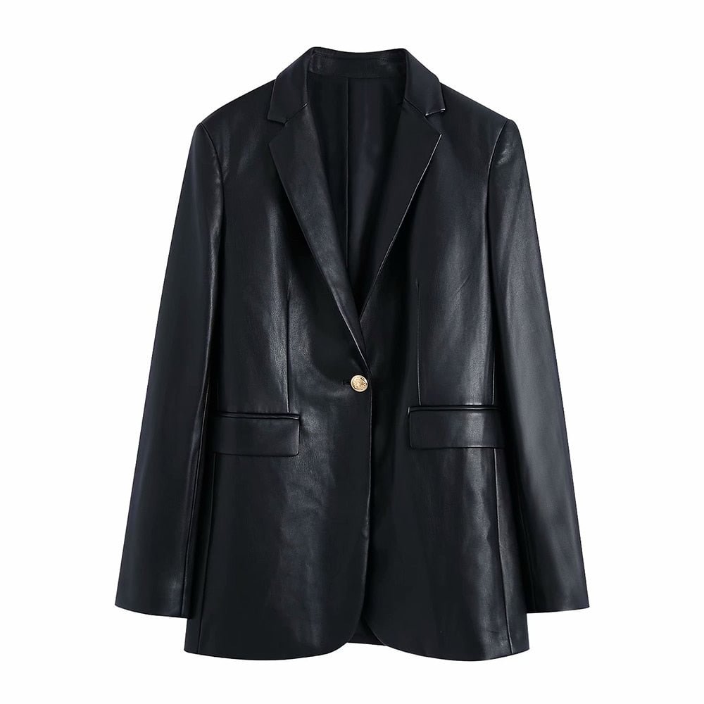TRAF Women Fashion With Metal Button Faux Leather Blazer Coat Vintage Long Sleeve Back Vent Female Outerwear Chic Veste