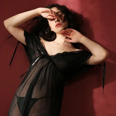 Summer Sexy Women Nightgowns Sheer Mesh Short-sleeved Nightdress Female Hot Sexy Lingerie Lace Sleepwear Nightwear