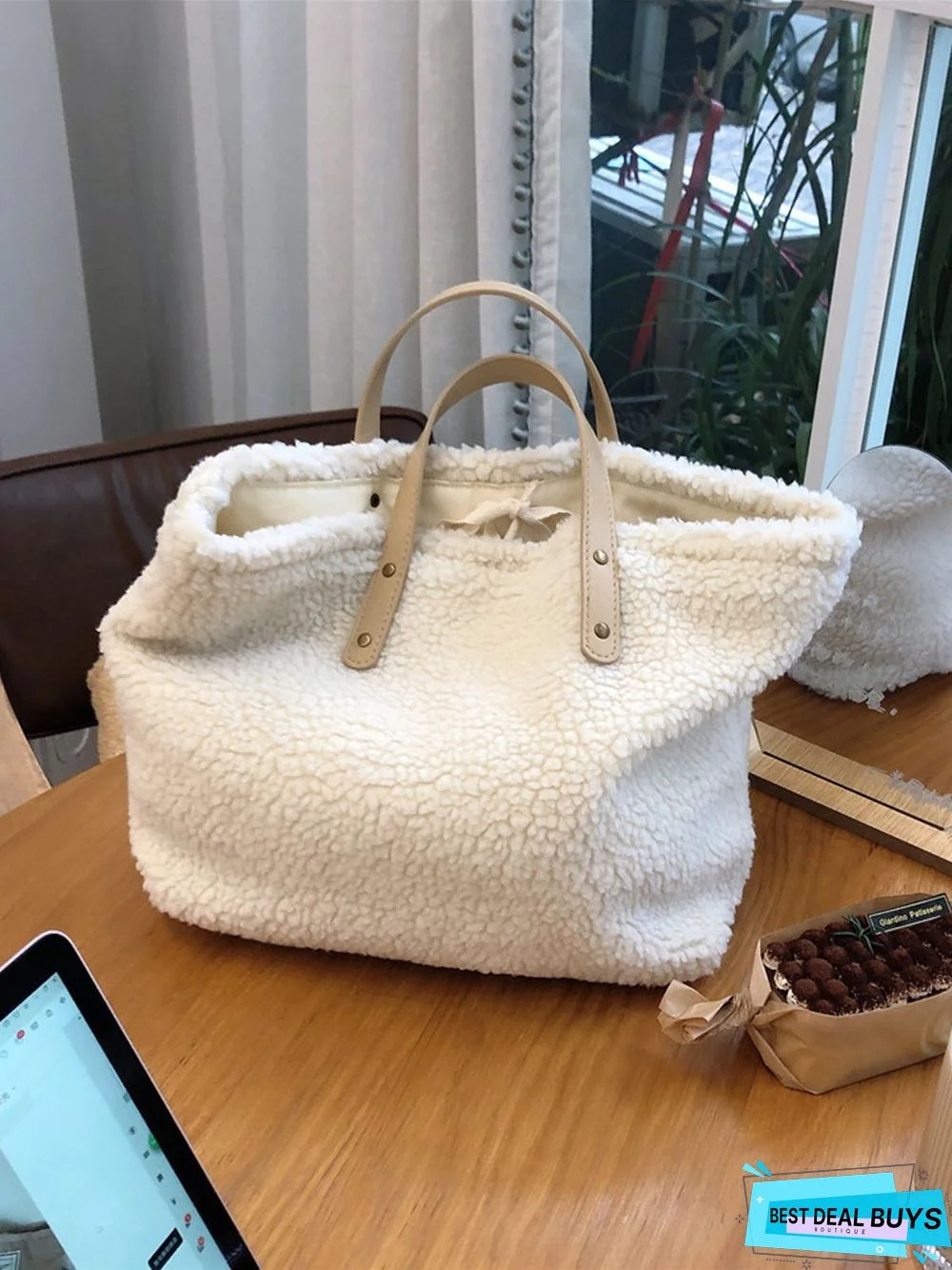 Pure Color Lambswool Large Capacity Handbag