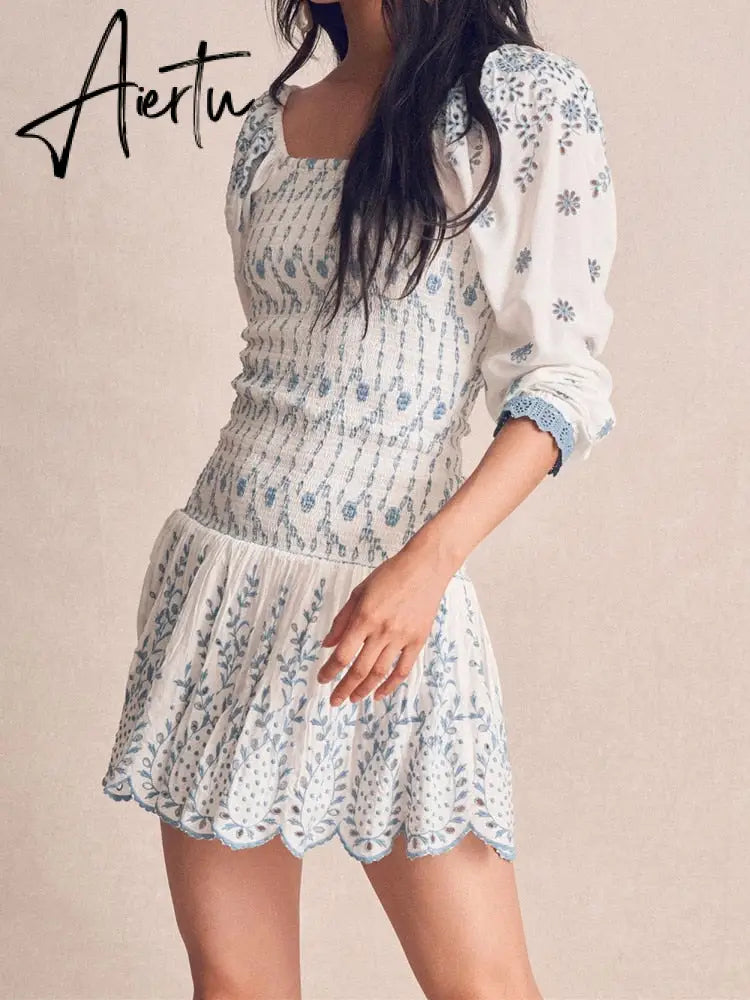 Romantic Puff Sleeve Embroidery White Blue Floral Body Elastic Ruched Mini Dress Woman Low Waist Ruffles Hem Holiday Robe Aiertu