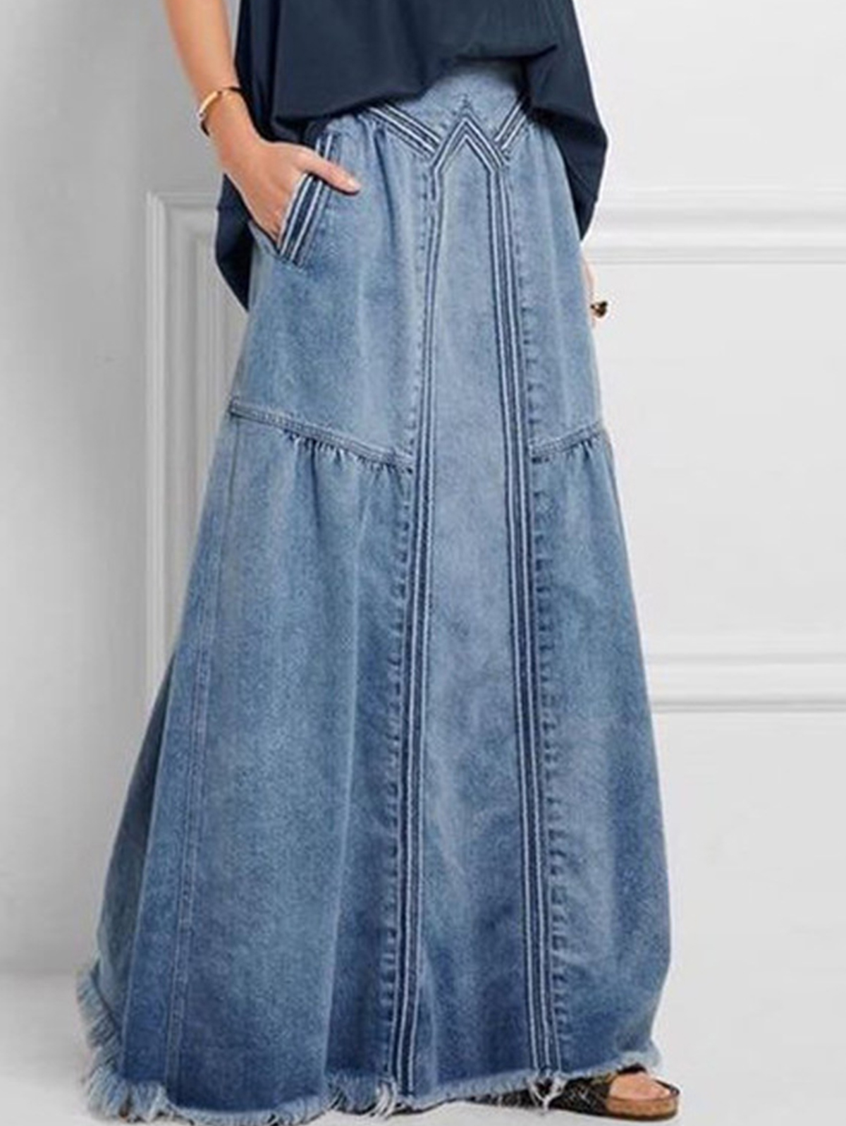 Casual Elastic Waist Pocket Raw Edge Denim Maxi Skirt