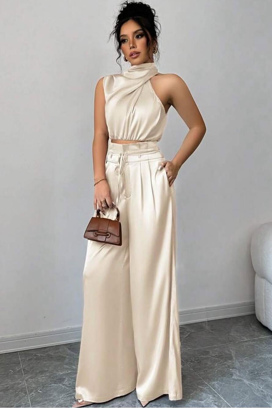 Lussooy Satin Halter Sleeveless High Neck Elegant Ivory Two Piece Woman Jumpsuit 
