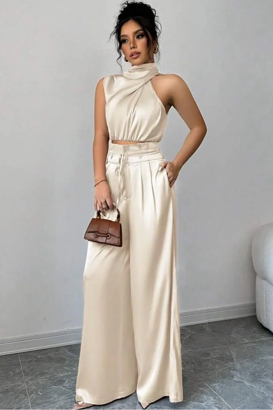 Miabel Elegant Ivory Satin Halter High Neck Sleeveless Two Piece Woman Jumpsuit 