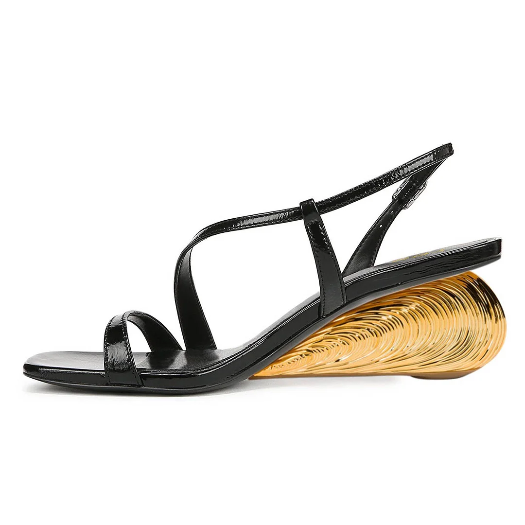 Chic Vegan Leather Open Square Toe Slingback Black Heels Sandals