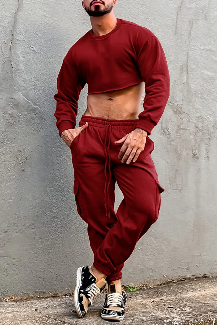 Ciciful Casual Burgundy Crop Top Cargo Pants With Pockets Two Piece Set