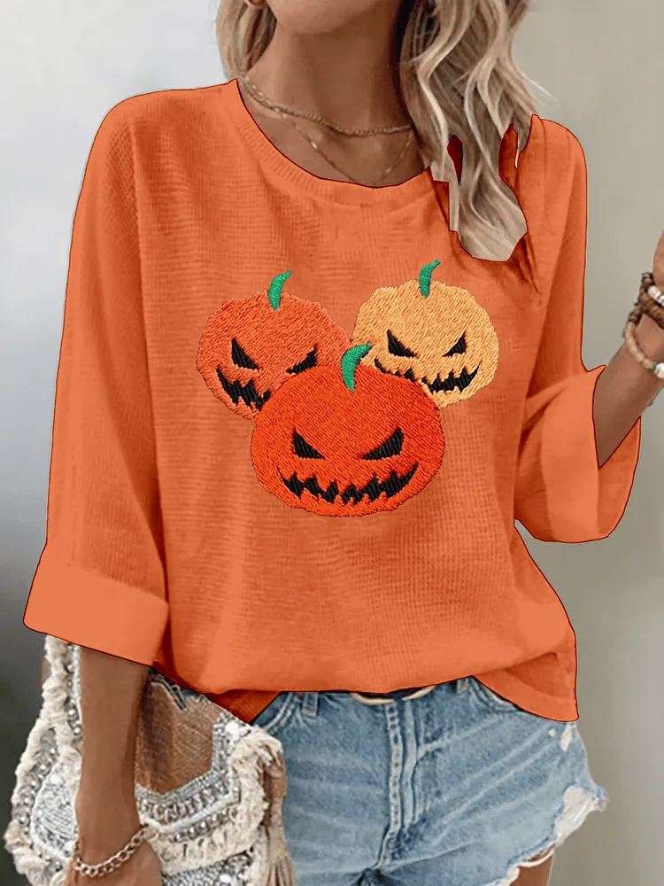 Women's Pumpkin Face Print 3/4 Sleeve T-Shirt 