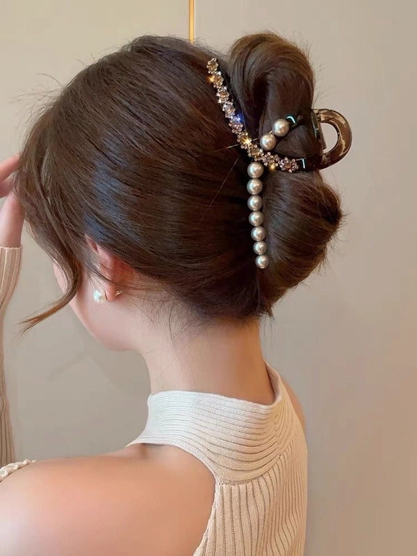 Women’s Minimalist Classic Style Color Block Alloy Inlay Crystal Pearl Hair Claws