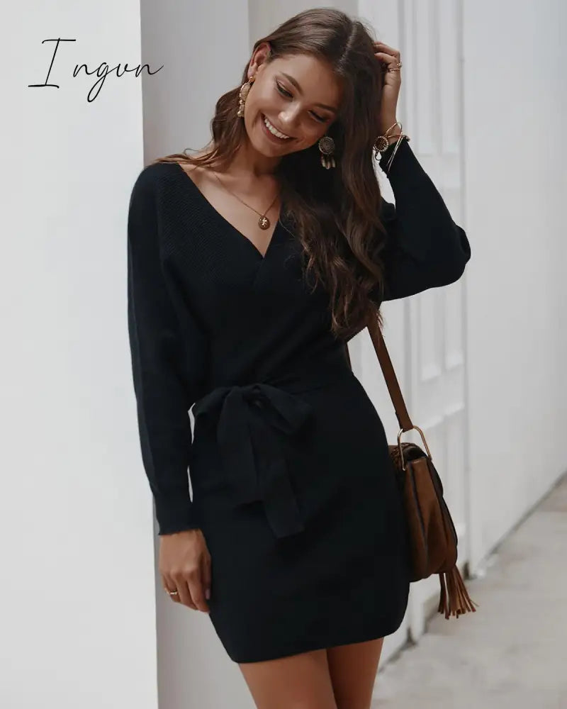 Ingvn - Sexy Bodycon Wrap Sweater Dress Women Autumn Long Sleeve Sashes Tied Mini Casual Cotton
