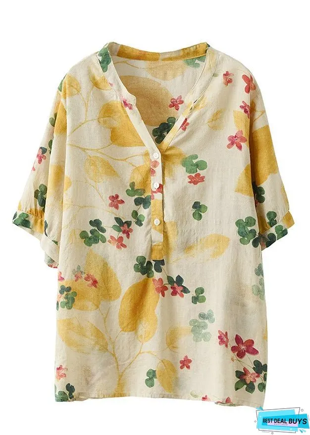 Simple Yellow V Neck Print Cotton Top Half Sleeve