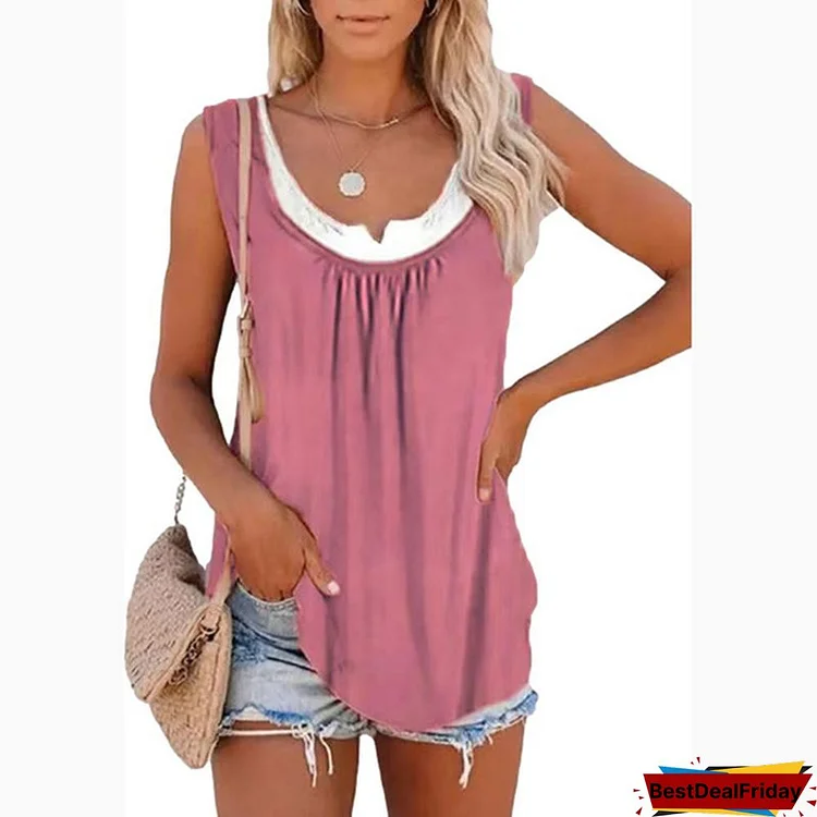 XS-8XL Spring Summer Tops Plus Size Fashion Clothes Women's Causal Sleeveless Tops Off Shoulder Cotton Pullover T-shirts Layered Shirts Ladies V-neck Blouses Blending Block Color Loose Tank Tops