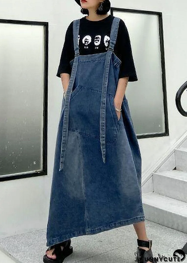 Handmade denim blue cotton sleeveless pockets cotton robes summer Dresses