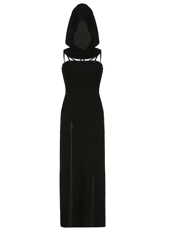 Gothic Dark Sleeveless Hood High-slit Knitted High-rise Maxi Dress