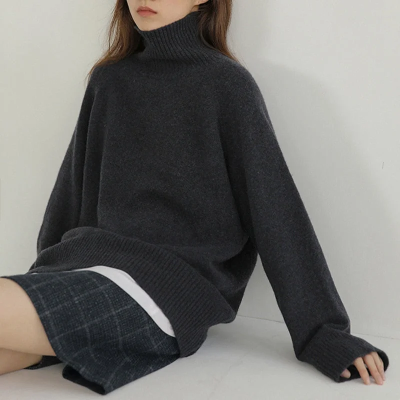 Turtleneck Cashmere Sweater Woman Fashion Loose Thick Warm Pullover Tops 2021 Winter Solid Jumper Female Knitted Wool Sweaters