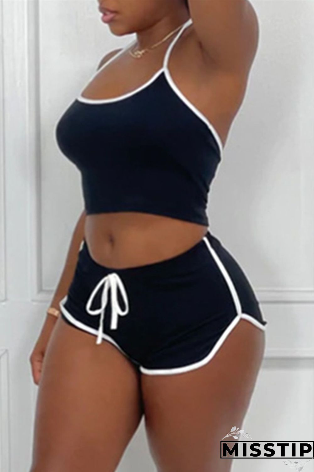 Green Fashion Casual Solid Patchwork Backless Halter Sleeveless Two Pieces