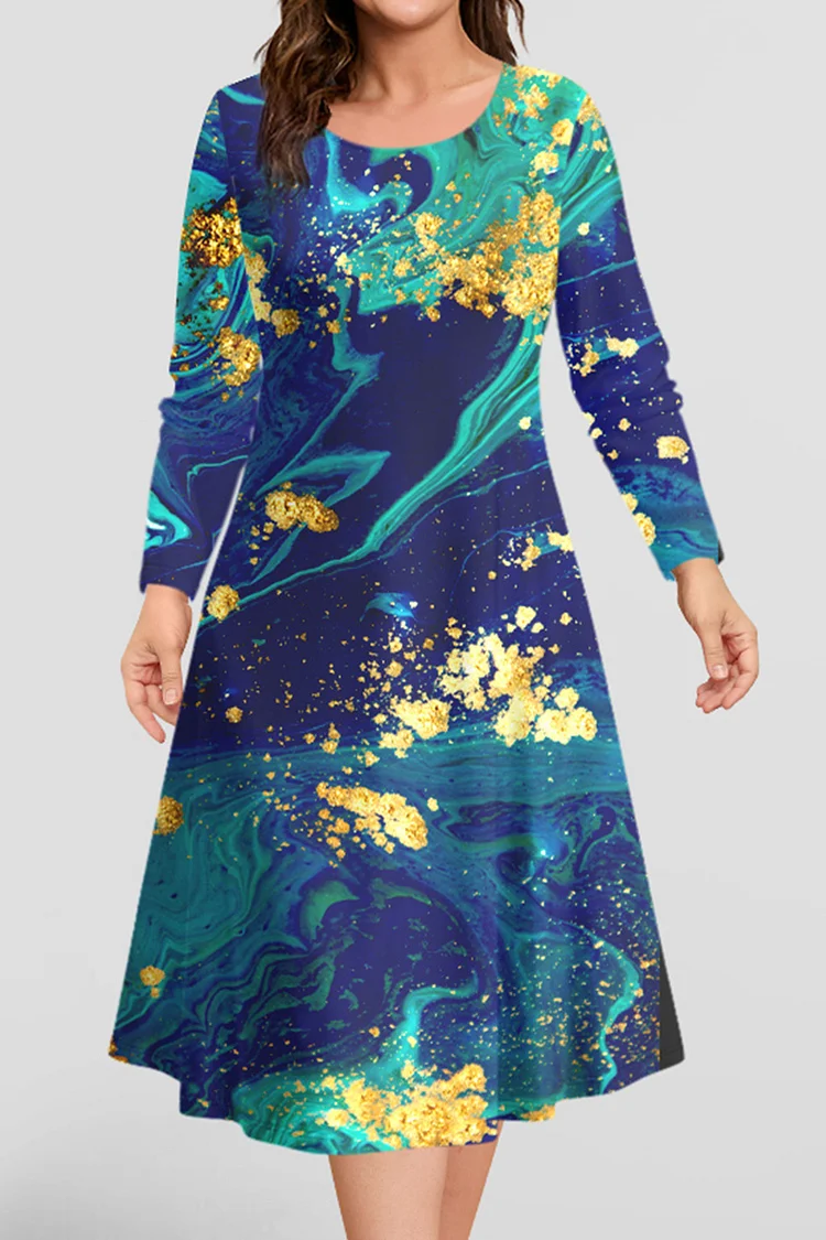Flycurvy Plus Size Casual Blue Marble Bronzing Print Midi Dress