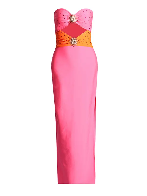 Brownm Small Design Long Dress 2025 New Fashion High-End Style Wrap Chest Set Drill Open Fork Dress Woman