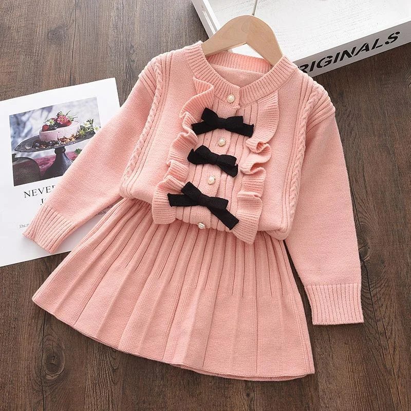 Bear Leader Girls Baby Winter Knitted Clothes Sets Fashion Kids Elegant Plaid Sweaters Tops And Skirt Outfits Princess Knitwear