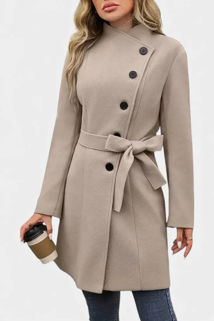 Asymmetrical Button-Front Coat with Belted Waist