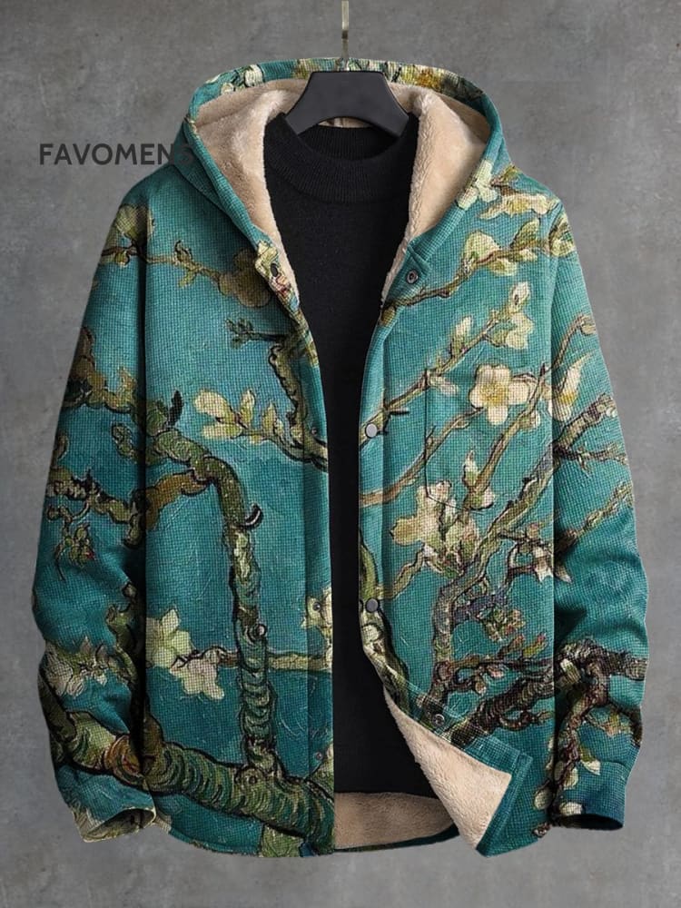 Vintage Lily Branch Oil Painting Stretch Print Waffle Plush Thickened Long Sleeve Hooded Jacket