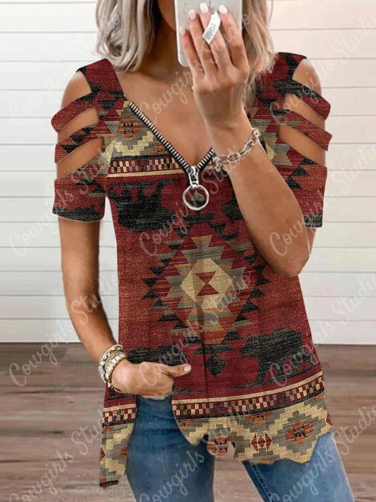 V-Neck Zip Western Style Ladies Print Top