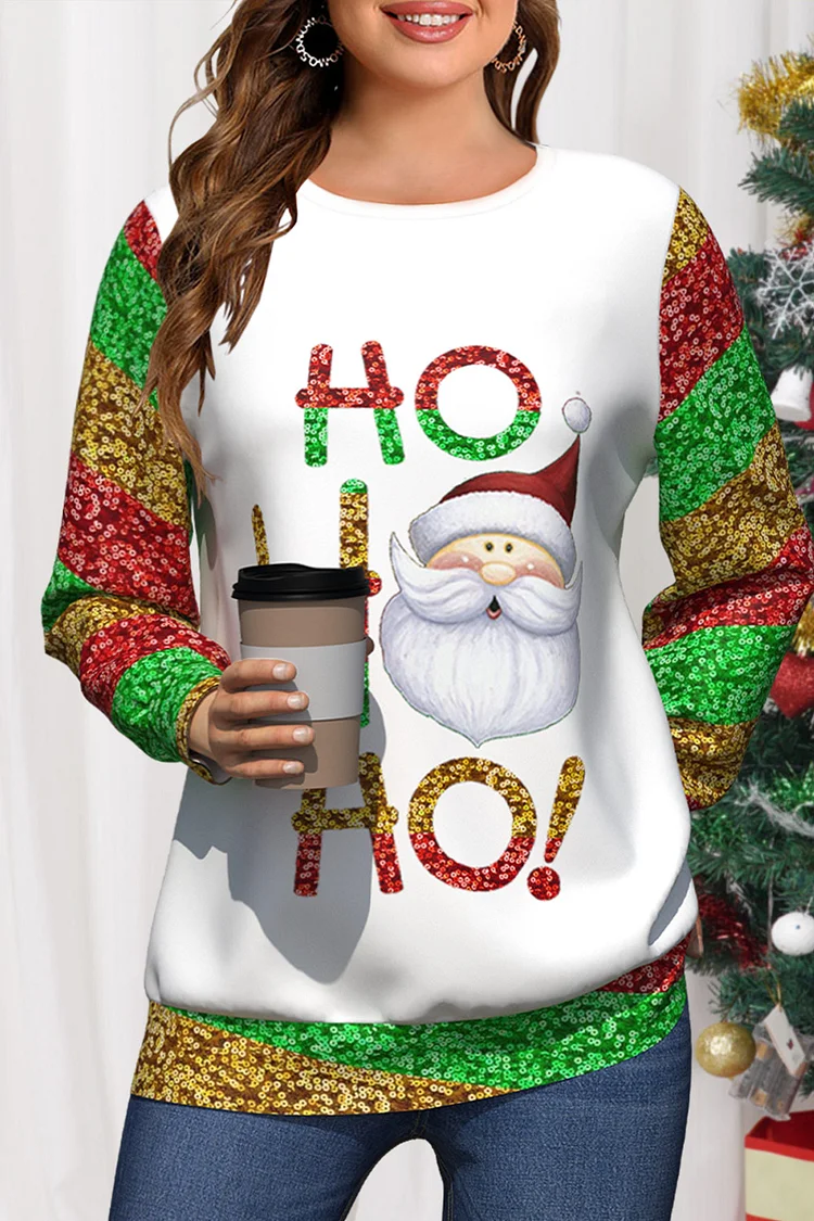 Flycurvy Plus Size Christmas White Santa Claus Sparkly Sequin Print Long Sleeve Sweatshirt  Flycurvy [product_label]