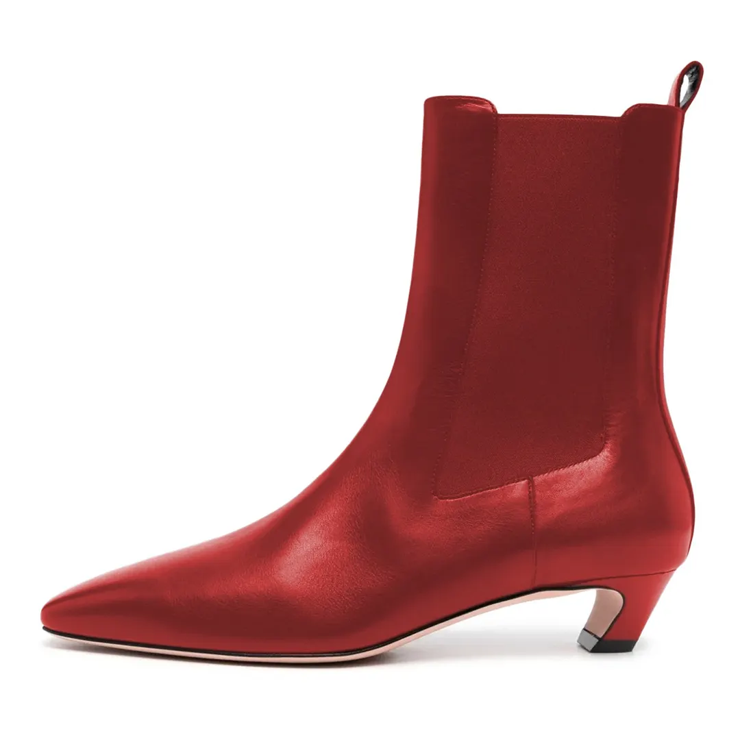 Elegant Red Low Kitten Heel Pointed Toe Chelsea Boots for Women