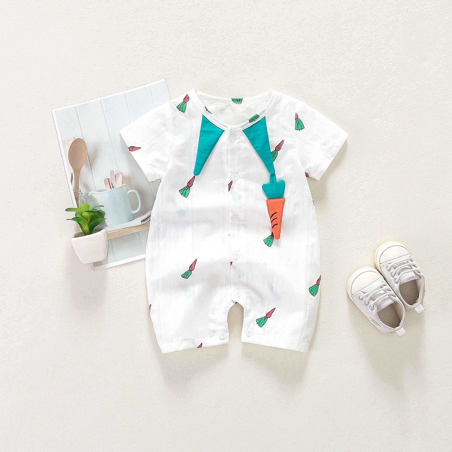Baby Toddler Boy/Girl 95% Cotton Lapel Collar Overall Lovely Carrot Wacky Comfortable and Breathable Thin Short Sleeve Front Romper