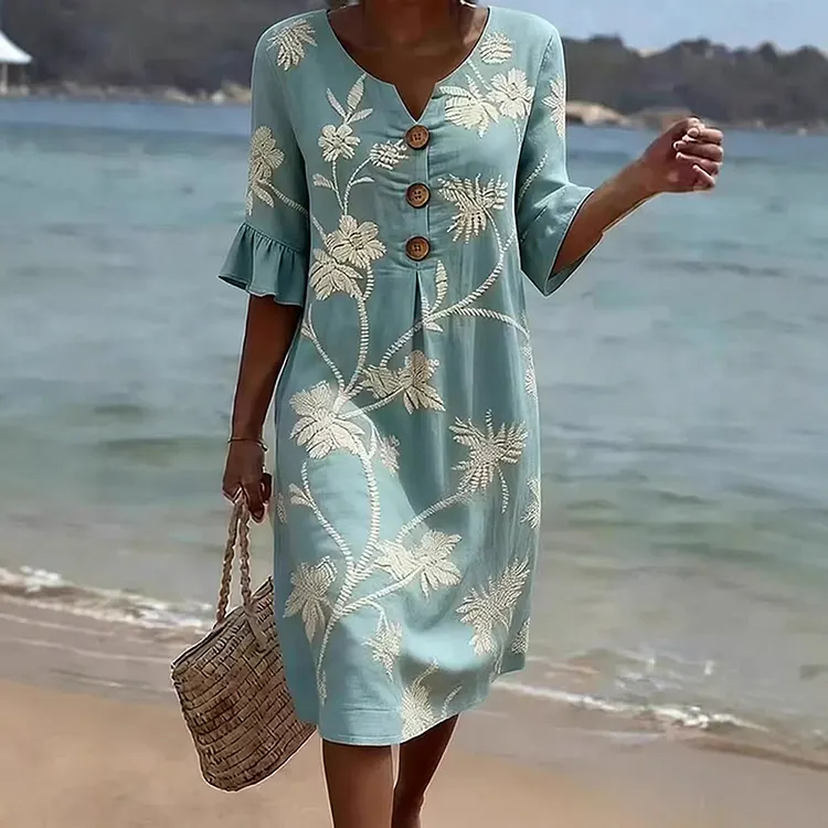 Resort Style V-neck Printed Loose Mid-sleeve Dress