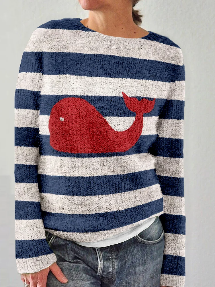Cute Whale Graphic Blue White Stripe Cozy Sweater