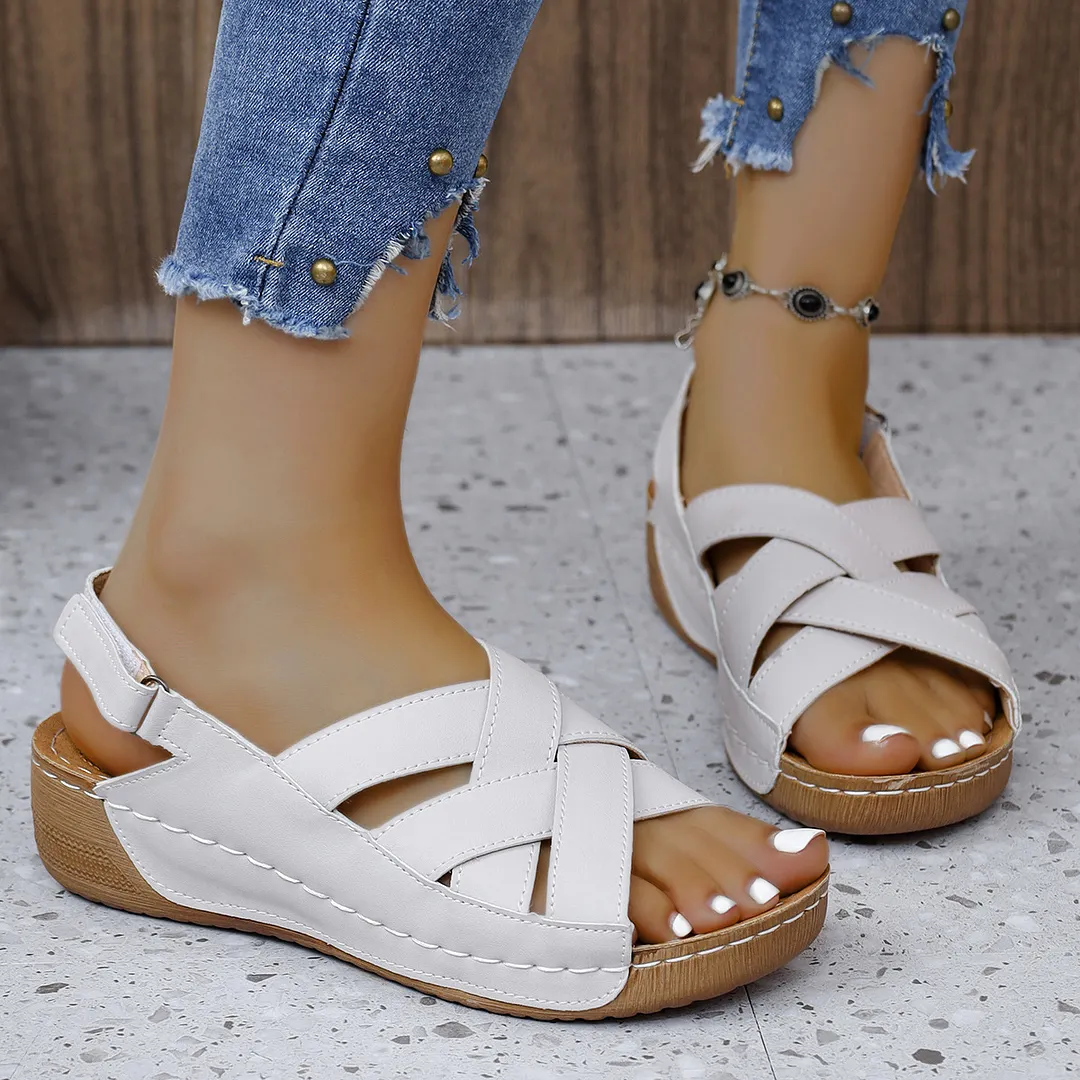 Breakj Breakj New Summer Women's Slope Sandals Thick Sole Buckle With Fish Mouth Sandals Pure-Colored Slope Heel Sandals