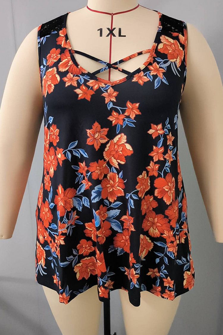 Plus Size Cross Strap Floral Print Casual Tank Top  Flycurvy [product_label]
