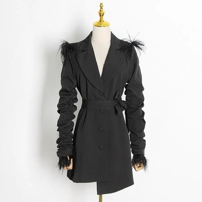 ABEBEY Black Patchwork Feather Dress For Women Notched Long Sleeve High Waist Elegant Dresses Female Fashion New Clothes
