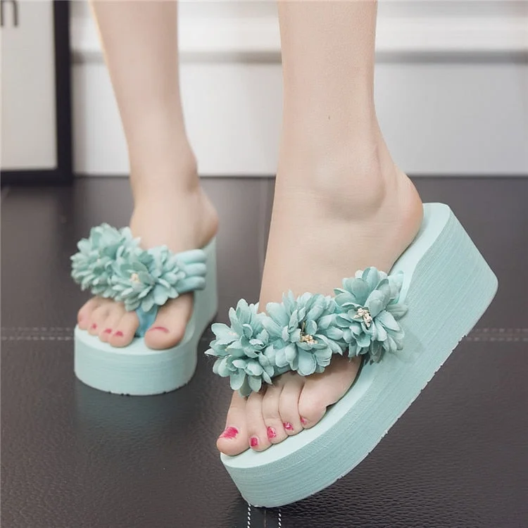 New Handmade Women Sandals Fashion Flower Summer Sandals Women Wedges Flip Flops Platform Beach Non-Slip Flowers Slippers Shoes