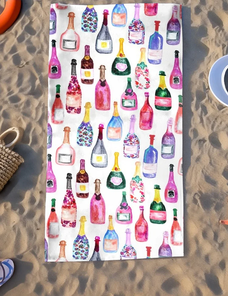 Watercolor Champagne Bottles Beach Towel