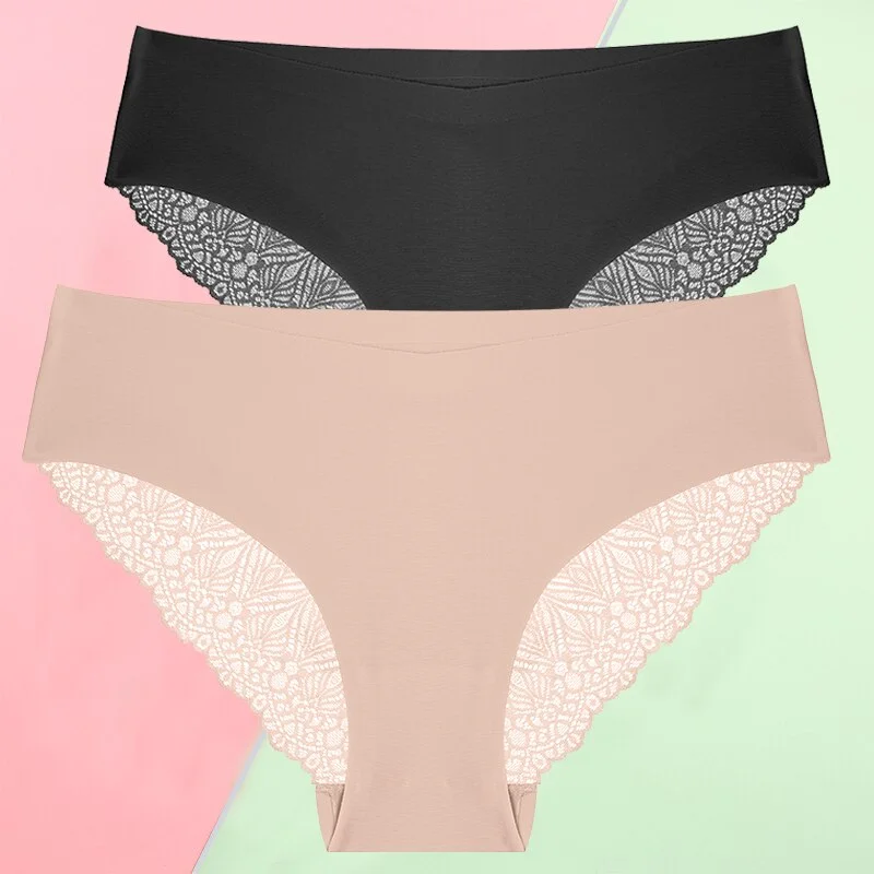 FINETOO 2PCS/Set S-XL Sexy Women Seamless Lace Pantys 6 Solid Colors Breathable Panties Lace Underwear For Girls Thong Lingerie