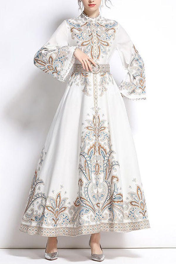 Elegant White Embroideried Patchwork Cotton Exra Large Hem Long Dresses Flare Sleeve