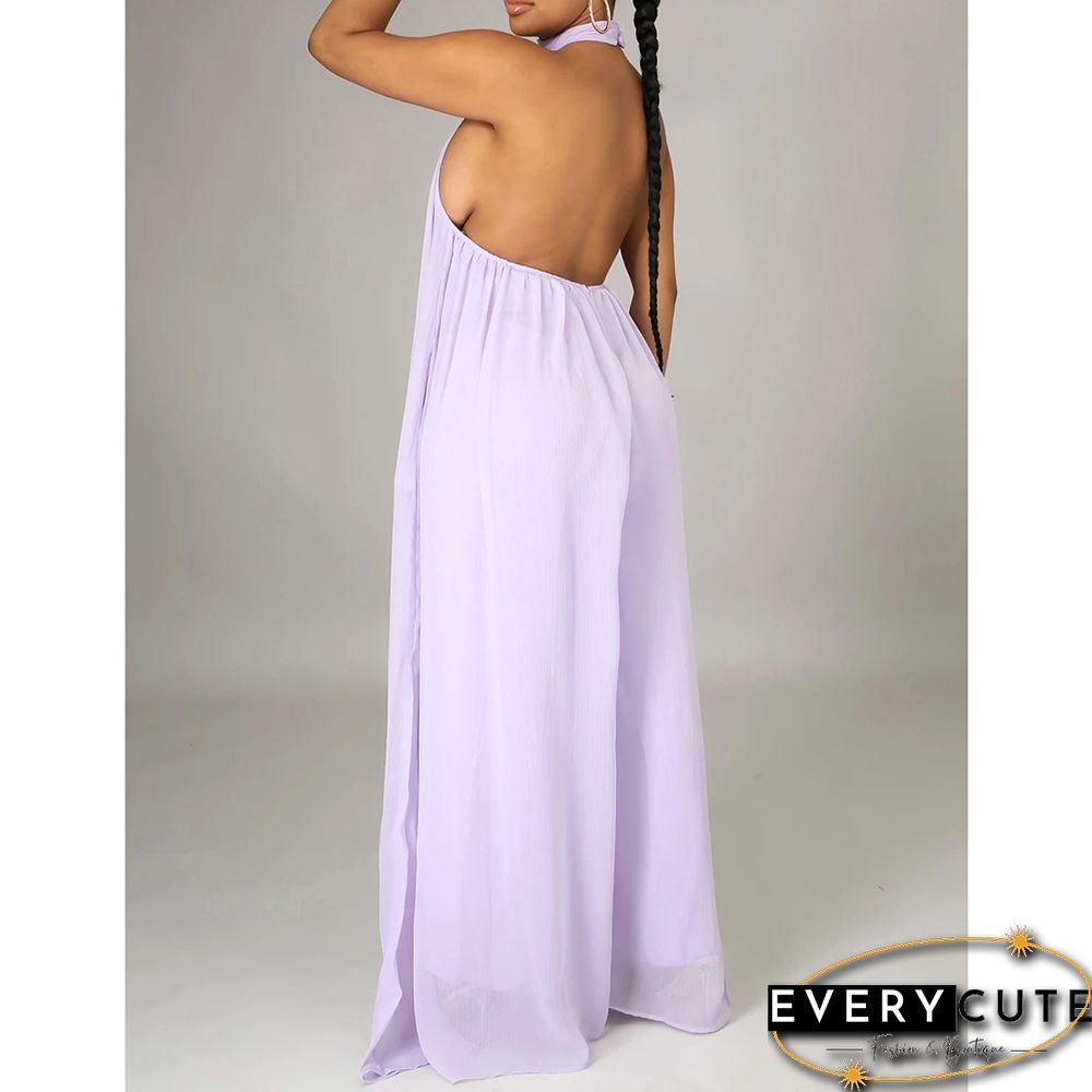 Light Purple Halter Neck Backless Chiffon Wide Leg Jumpsuit