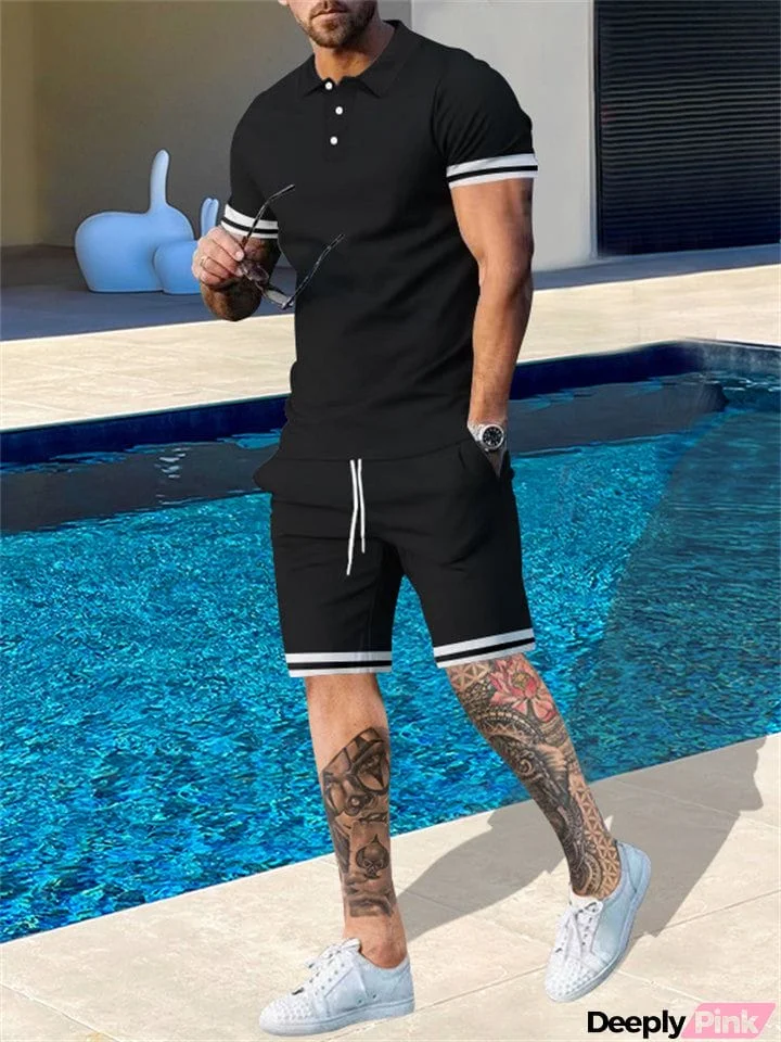 Men's Summer 2-Piece Lapel Short Sleeve T-shirt Loose Shorts