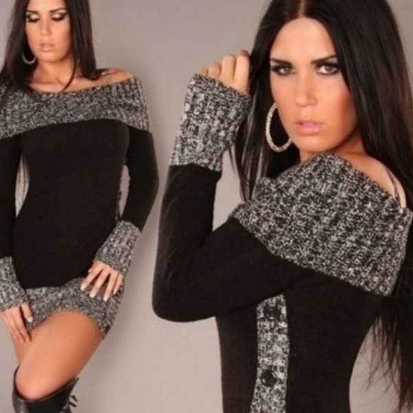 Women Knitted Long Sleeve Sweater Dress Casual Ladies Fashion Off Shoulder Package Hip Dress Pullover Jumper Sweater - BlackFridayBuys
