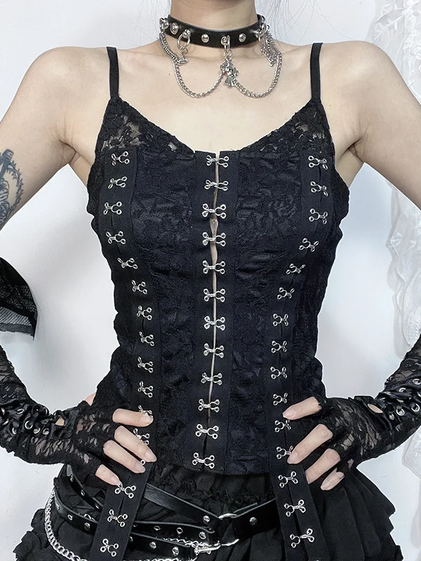 Statement Gothic Embroidered Lace Hook&Loop Spaghetti Strap Top