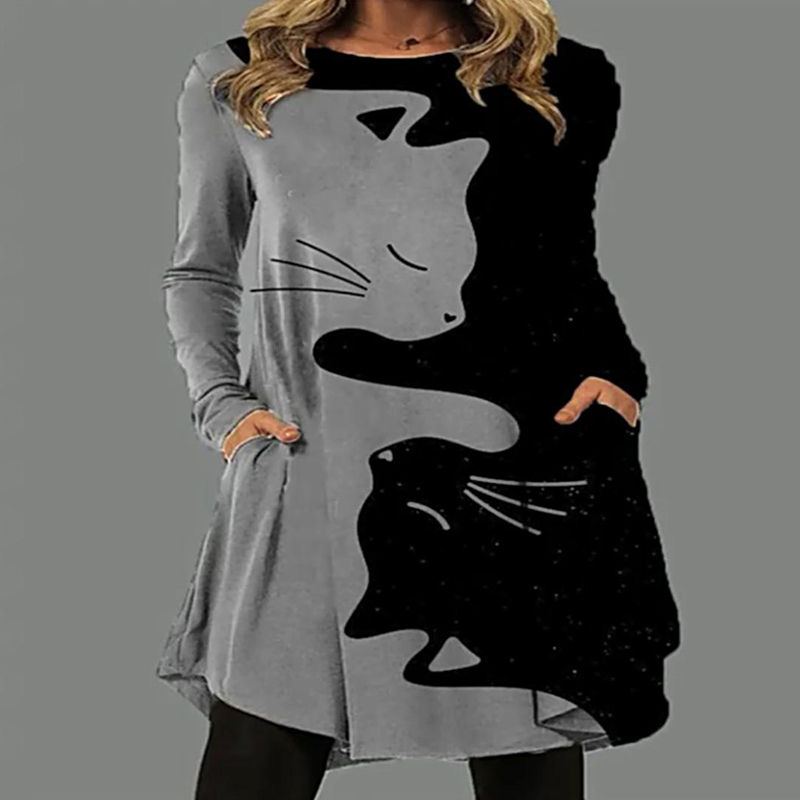 Contrast Cat Print Long Sleeve Mini Dress wearshes