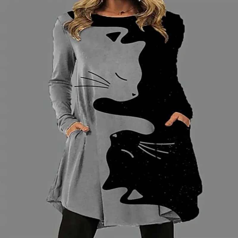 Contrast Cat Print Long Sleeve Mini Dress