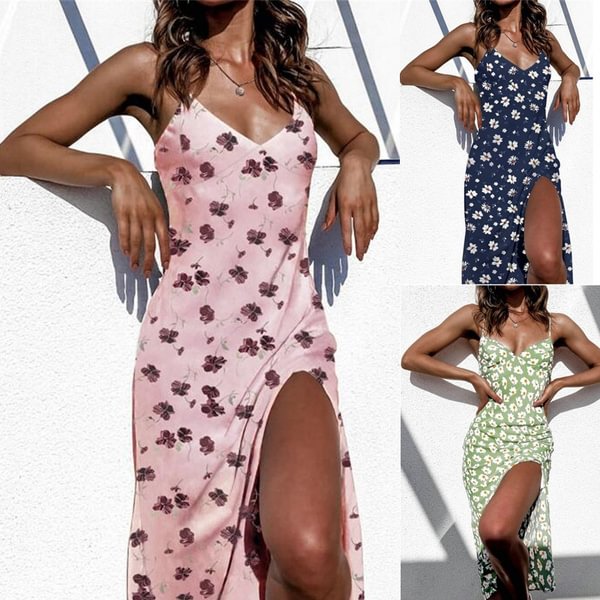 Boho Women Summer Fashion Floral Print Sleeveless Split Party Dress Beach Wear Sundress - Shop Trendy Women's Clothing | LoverChic