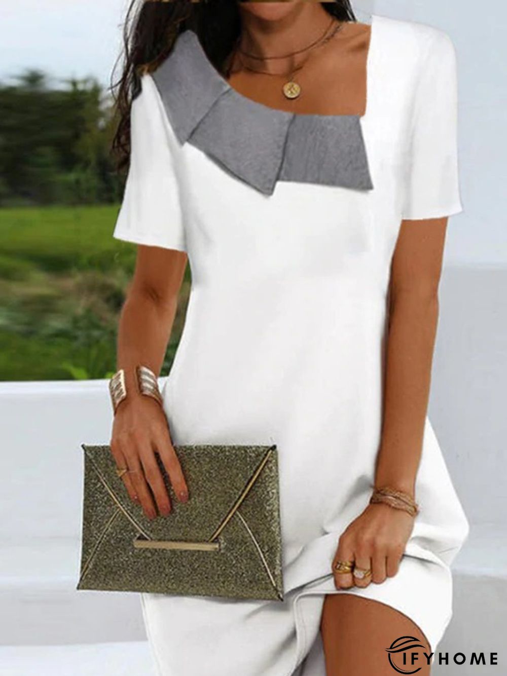 Shawl Collar Plain Casual Short Sleeve A-Line Dresses | IFYHOME