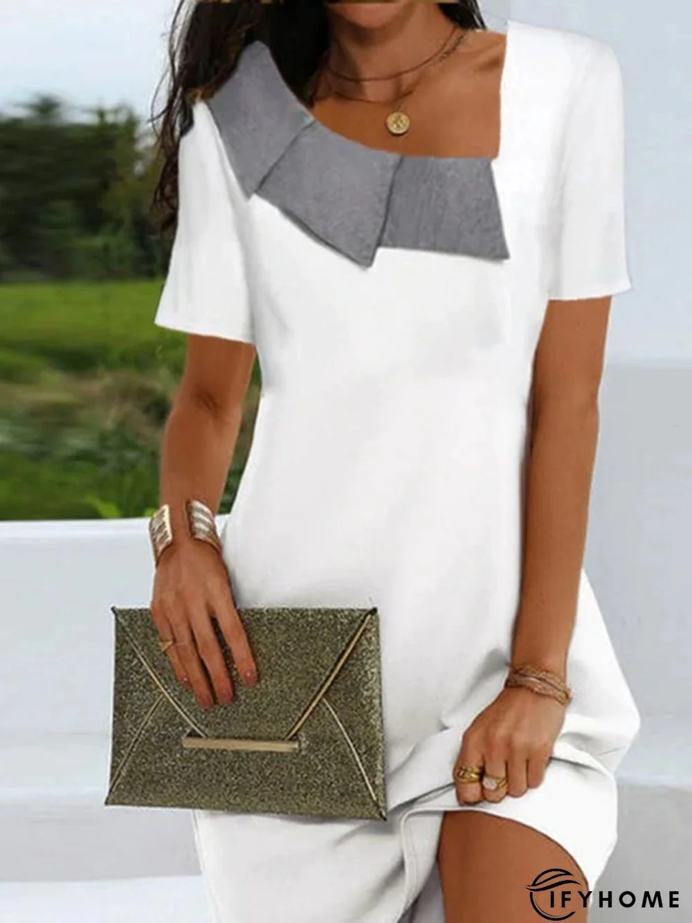 Shawl Collar Plain Casual Short Sleeve A-Line Dresses | IFYHOME