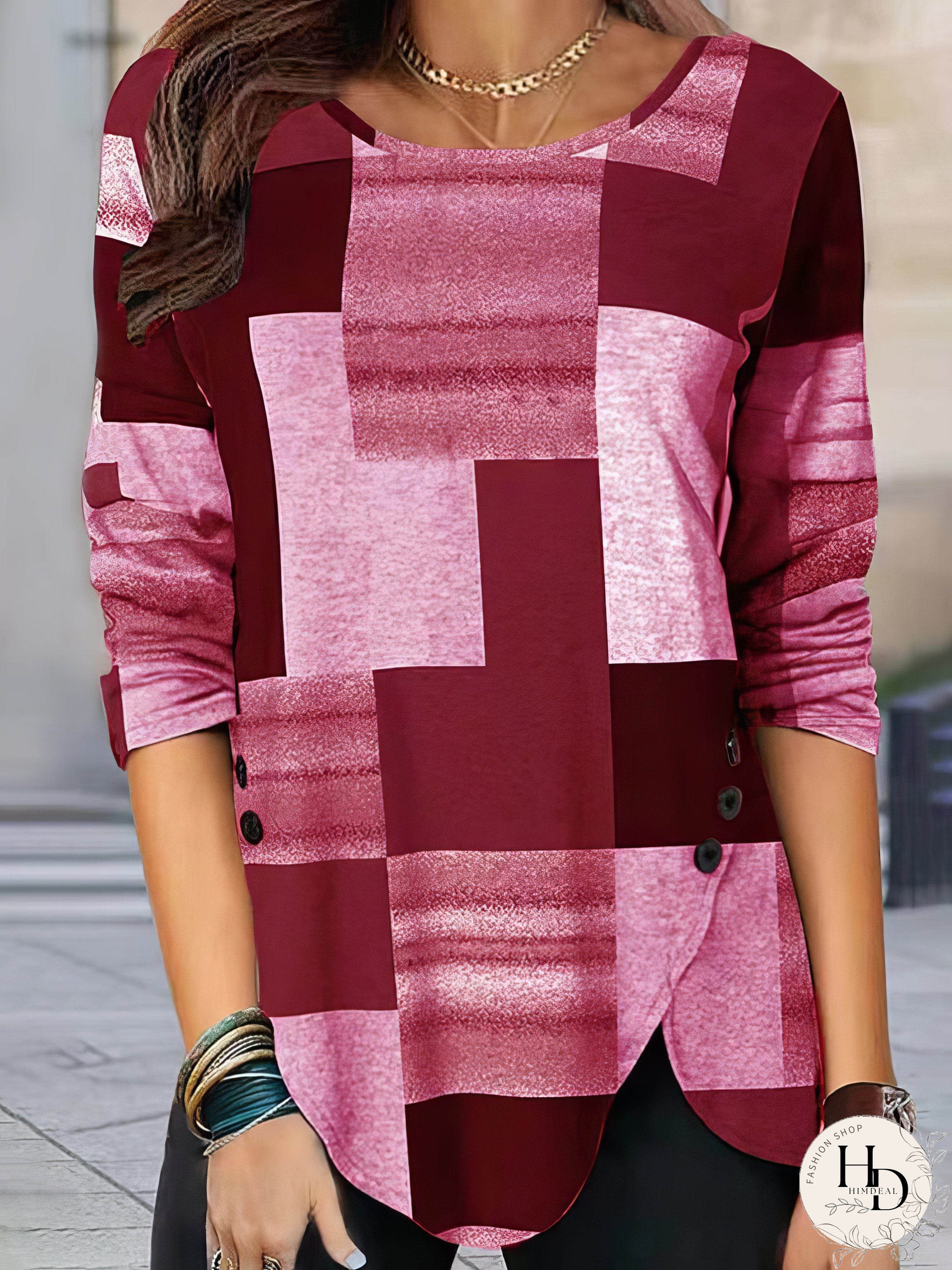 Loose Fit Plaid Round Neck Long Sleeve Tee