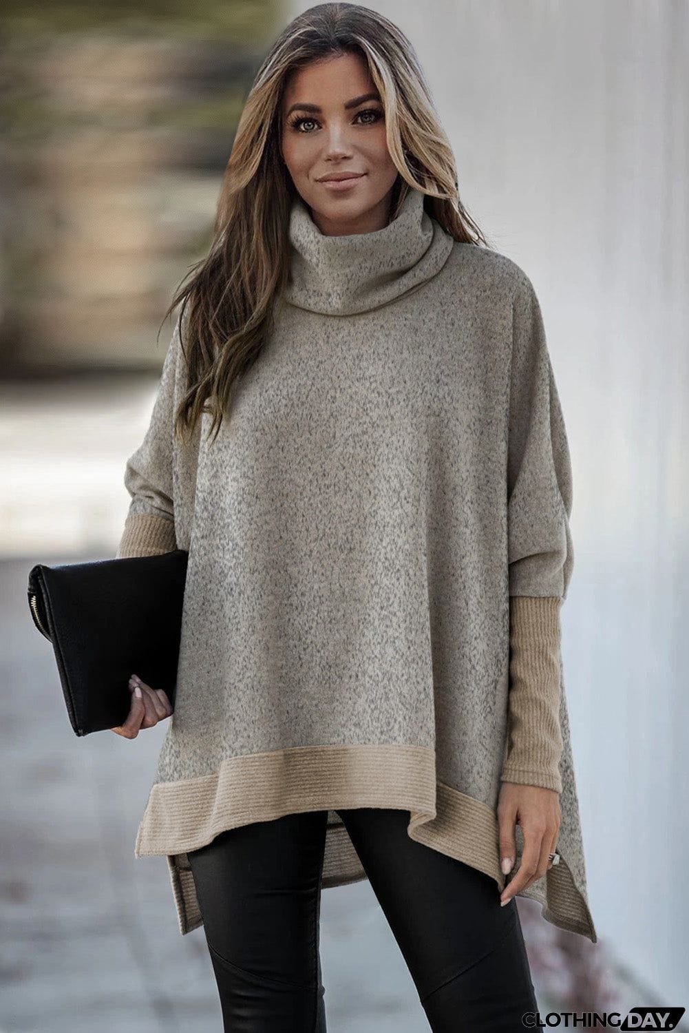 Turtleneck Bat Sleeve Side Slit Tunic Top