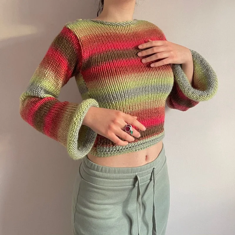 Woherb Autumn Winter 90s Vintage Knitted Sweaters Striped Crimping Cropped Pullovers Chic Women Kawaii Knitwear y2k Retro Streetwear