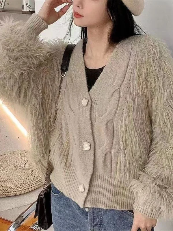 Toloer Toloer Autumn Winter New East Gate Imitation Mink Wool Coat Female Design Sense High Waist Short Knit Cardigan Coat-Outfit Ideas