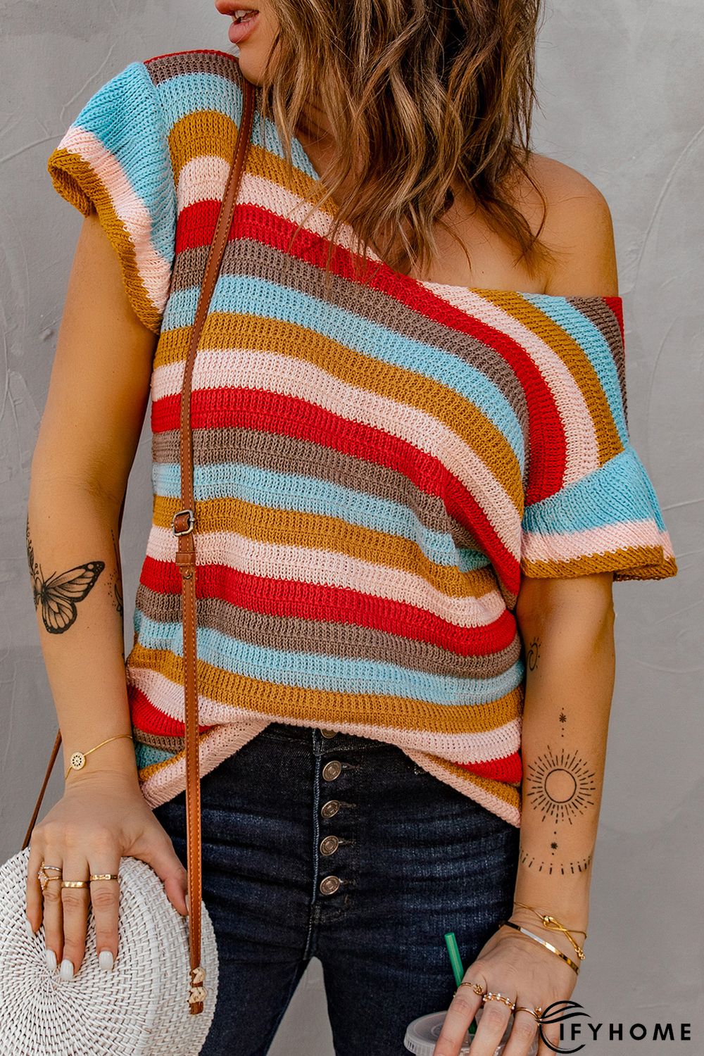 Multi-color Striped Ruffle Short Sleeve Knit Top | IFYHOME